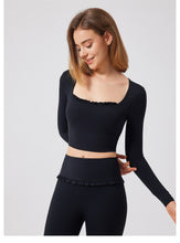 Load image into Gallery viewer, Autumn Winter Nude Feel Lace Yoga Clothes Long Sleeve Semi Fixed Cup Running Slim Sports Bra Breathable Workout Clothes Top
