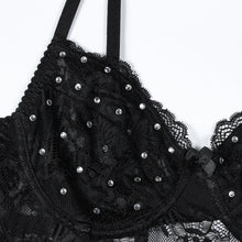 Load image into Gallery viewer, Womens Black Heavy Embroidery Plastic Bones Shaping Body Shaping Double Layer Chest Cup Lace Jumpsuit
