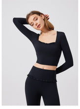 Load image into Gallery viewer, Autumn Winter Nude Feel Lace Yoga Clothes Long Sleeve Semi Fixed Cup Running Slim Sports Bra Breathable Workout Clothes Top
