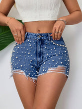 Load image into Gallery viewer, Womens Belted Ring Pearl Elegant Denim Shorts
