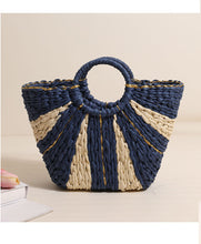 Load image into Gallery viewer, Pastoral Large Capacity Portable Straw-Weaved Bag Contrast Color Hand Carrying Straw Bag Woven Bag Vacation Beach Bag Vegetable Basket
