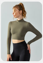Load image into Gallery viewer, Workout Clothes Long Sleeve with Chest Pad Autumn Winter Stand Collar Sports Top Waist Slimming Hollow Out Cutout Beauty Back Long Sleeve Yoga Wear Women

