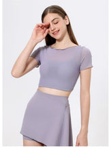 Load image into Gallery viewer, 2pc Set - Womens Faux Mesh Sports T shirt Short Sleeve with Chest Pad Yoga Clothes Cropped  Quick Drying Slimming Fitness Top
