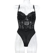 Load image into Gallery viewer, Womens Black Heavy Embroidery Plastic Bones Shaping Body Shaping Double Layer Chest Cup Lace Jumpsuit
