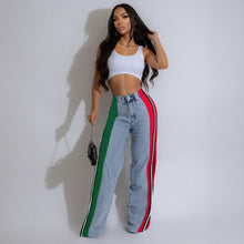 Load image into Gallery viewer, Women Clothing Patchwork Stripes Contrast Color Denim Trousers Casual Waist Stretchy Straight Leg Pants
