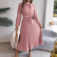 Load image into Gallery viewer, Womens Autumn Winter Elegant Stand Collar Long Sleeve Cinched Pleated Maxi Dress Small Dress
