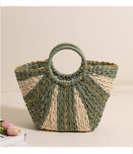 Load image into Gallery viewer, Pastoral Large Capacity Portable Straw-Weaved Bag Contrast Color Hand Carrying Straw Bag Woven Bag Vacation Beach Bag Vegetable Basket

