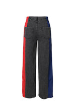 Load image into Gallery viewer, Women Clothing Patchwork Stripes Contrast Color Denim Trousers Casual Waist Stretchy Straight Leg Pants
