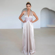 Load image into Gallery viewer, Summer Elegant Deep V Plunge Silky Satin Halter Sheer Waist Tight Sexy Dress
