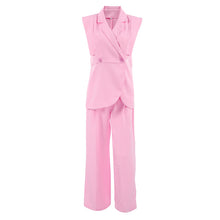 Load image into Gallery viewer, Womens Pink Gentle Sleeveless Collar Loose Fitting Waistcoat High Waist Pocket Wide Leg Pants Summer Casual Set
