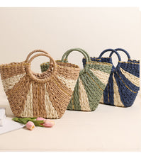 Load image into Gallery viewer, Pastoral Large Capacity Portable Straw-Weaved Bag Contrast Color Hand Carrying Straw Bag Woven Bag Vacation Beach Bag Vegetable Basket
