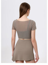 Load image into Gallery viewer, 2pc Set - Womens Faux Mesh Sports T shirt Short Sleeve with Chest Pad Yoga Clothes Cropped  Quick Drying Slimming Fitness Top
