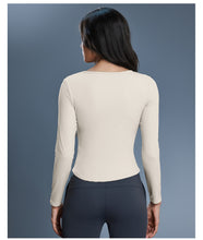 Load image into Gallery viewer, Womens Autumn Sports Top V neck Elastic Slim Fit Slimming Yoga Clothes with Chest Pad Workout Long Sleeve T shirt
