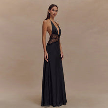 Load image into Gallery viewer, Summer Elegant Deep V Plunge Silky Satin Halter Sheer Waist Tight Sexy Dress
