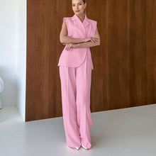 Load image into Gallery viewer, Womens Pink Gentle Sleeveless Collar Loose Fitting Waistcoat High Waist Pocket Wide Leg Pants Summer Casual Set
