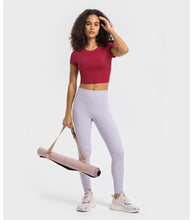 Load image into Gallery viewer, Stripe Rib High Strength Stretch Shaping Fitness Yoga Wear round Neck Slim Fit Slimming Sports Short Sleeve Women
