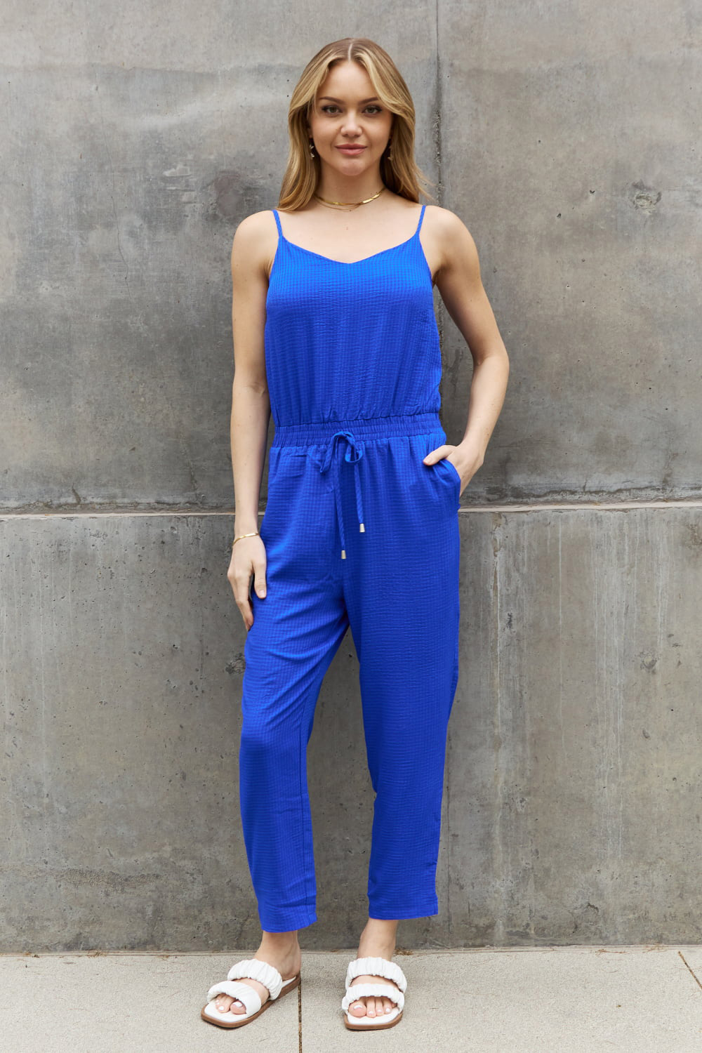 ODDI Full Size Textured Woven Jumpsuit in Royal Blue Ti Amo I love you