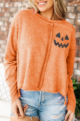Orange Halloween Pumpkin Face Exposed Seam Patchwork Sweatshirt Ti Amo I love you