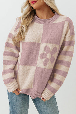 Orchid Petal Checkered Floral Print Striped Sleeve Sweater - Sizes S-XL Ti Amo I love you