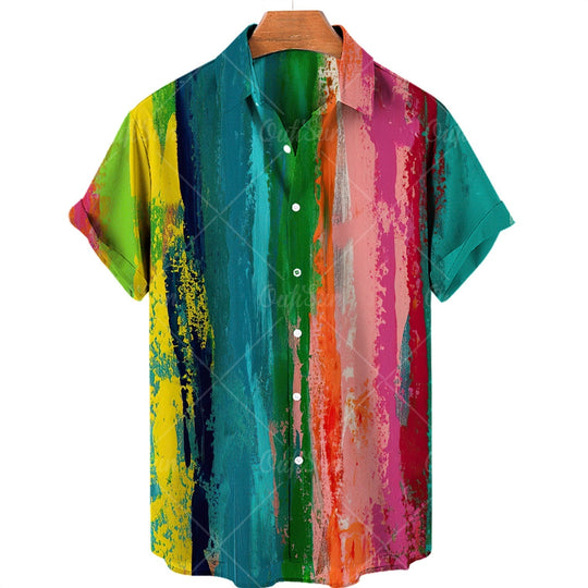 Oversized Hawaiian Shirt Men's 3D Stripe Print Lapel Single Button Casual Beach Top Shirt Ti Amo I love you