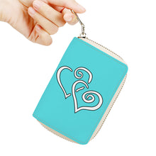 Load image into Gallery viewer, Ti Amo I love you - Exclusive Brand - Medium Turquoise Blue - Double White Heart - PU Leather - Zipper Card Holder
