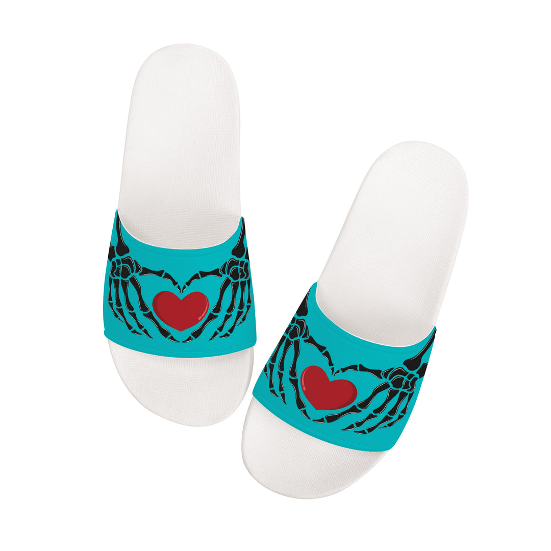 Ti Amo I love you - Exclusive Brand - Vivid Cyan (Robin's Egg Blue) - Skeleton Hands with Heart -  Slide Sandals - White Soles