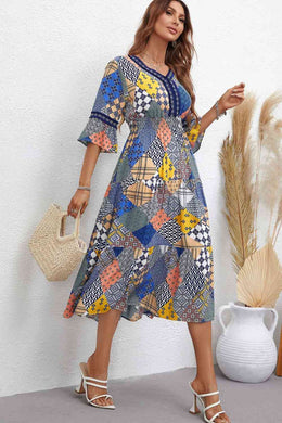 Patchwork V-Neck Tiered Midi Dress Ti Amo I love you