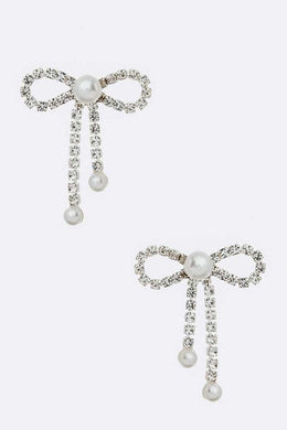 Pearl Accent Bow Tie Rhinestone Earrings Ti Amo I love you