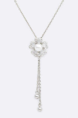 Pearl Accent CZ Flower Chain Drop Pendant Necklace Ti Amo I love you