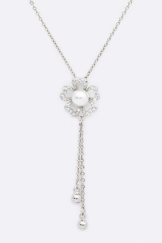 Pearl Accent CZ Flower Chain Drop Pendant Necklace Ti Amo I love you