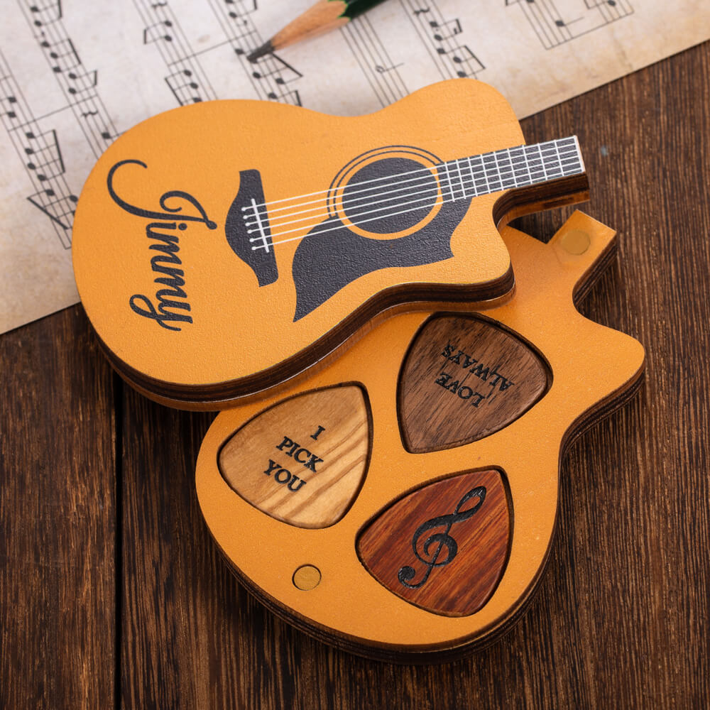 Personalized Wooden Guitar Picks with Case Ti Amo I love you