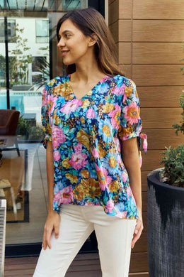 Petal Dew Full Size Floral V-Neck Tie Detail Blouse Ti Amo I love you