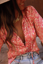 Load image into Gallery viewer, Pink Bubble Sleeve Floral Shirt with Lace up Ti Amo I love you
