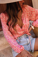 Load image into Gallery viewer, Pink Bubble Sleeve Floral Shirt with Lace up Ti Amo I love you
