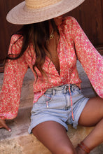 Load image into Gallery viewer, Pink Bubble Sleeve Floral Shirt with Lace up Ti Amo I love you
