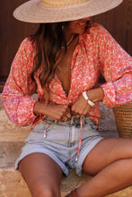 Load image into Gallery viewer, Pink Bubble Sleeve Floral Shirt with Lace up Ti Amo I love you
