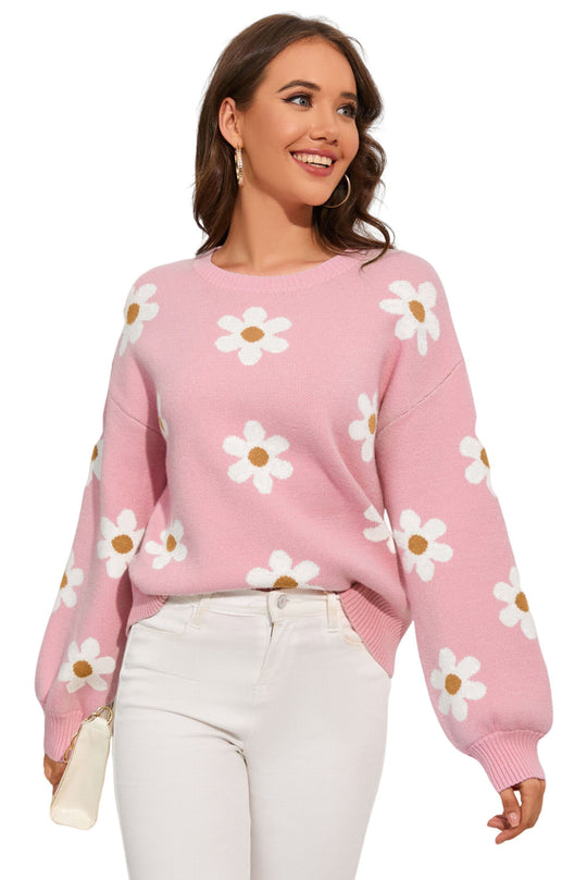 Pink Floral Pattern Drop Shoulder Sweater Ti Amo I love you