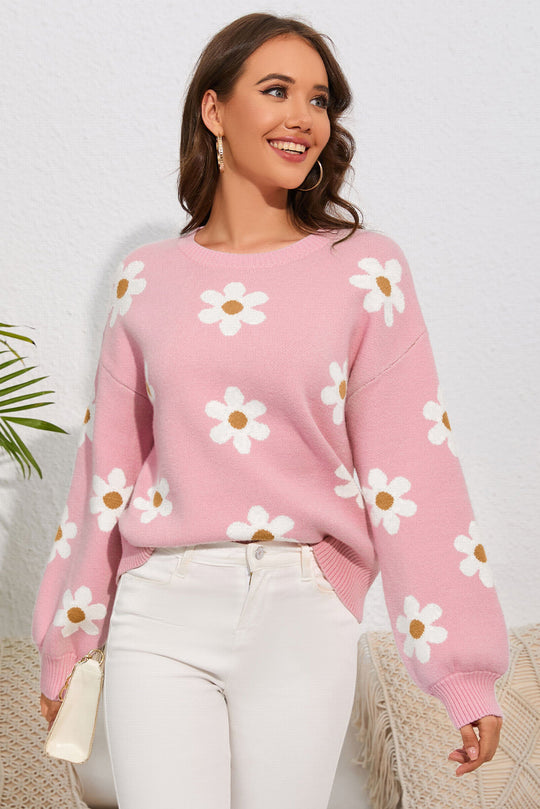 Pink Floral Pattern Drop Shoulder Sweater Ti Amo I love you