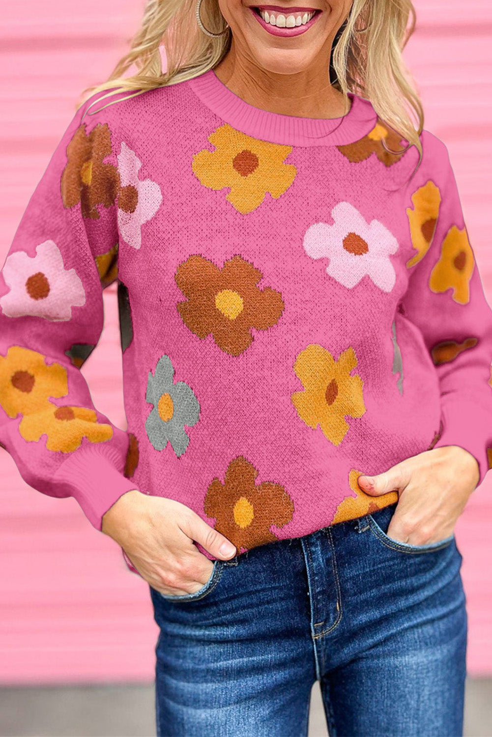 Pink Sweet Flower Knitted Ribbed Hem Sweater - Sizes S-2XL Ti Amo I love you