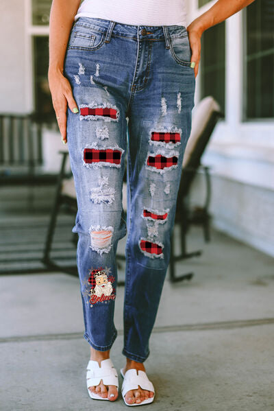 Plaid Distressed Jeans with Pockets Ti Amo I love you