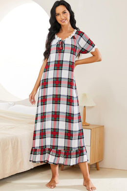 Plaid Lace Trim Ruffle Hem Night Dress Ti Amo I love you