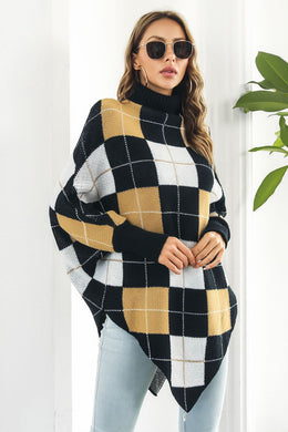 Plaid Turtleneck Dolman Sleeve Poncho Ti Amo I love you