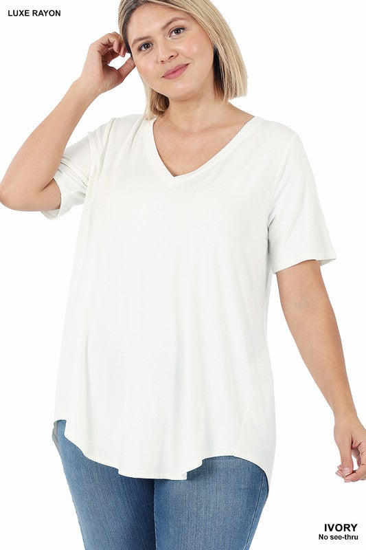 Plis Luxe Rayon Short Sleeve V-neck Hi-Low Hem Top Ti Amo I love you