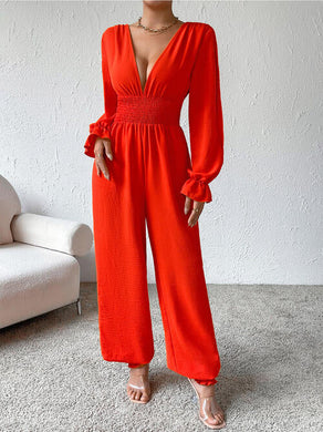 Plunge Smocked Flounce Sleeve Jumpsuit Ti Amo I love you