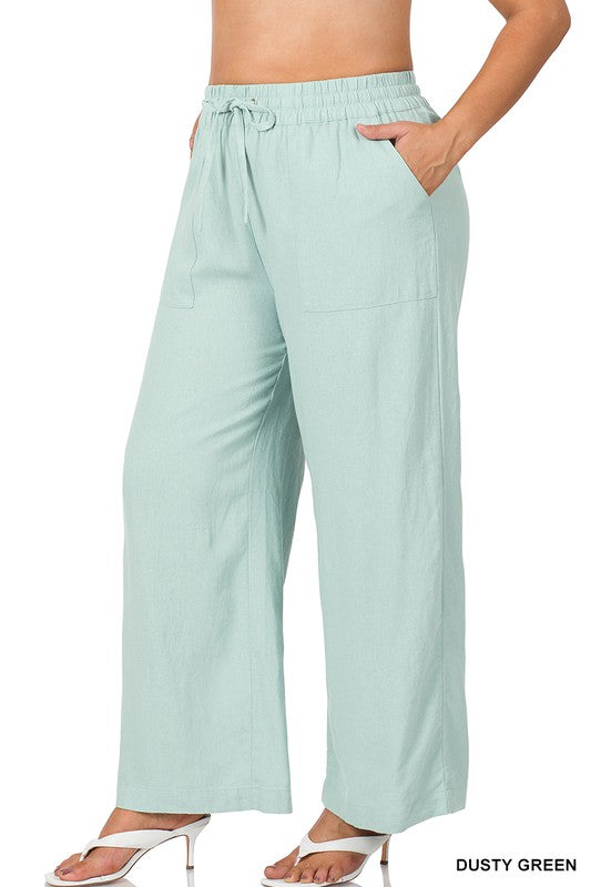 Plus Linen Drawstring-Waist Pants with Pockets Ti Amo I love you