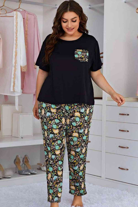 Plus Size Contrast Round Neck Tee and Floral Pants Lounge Set Ti Amo I love you