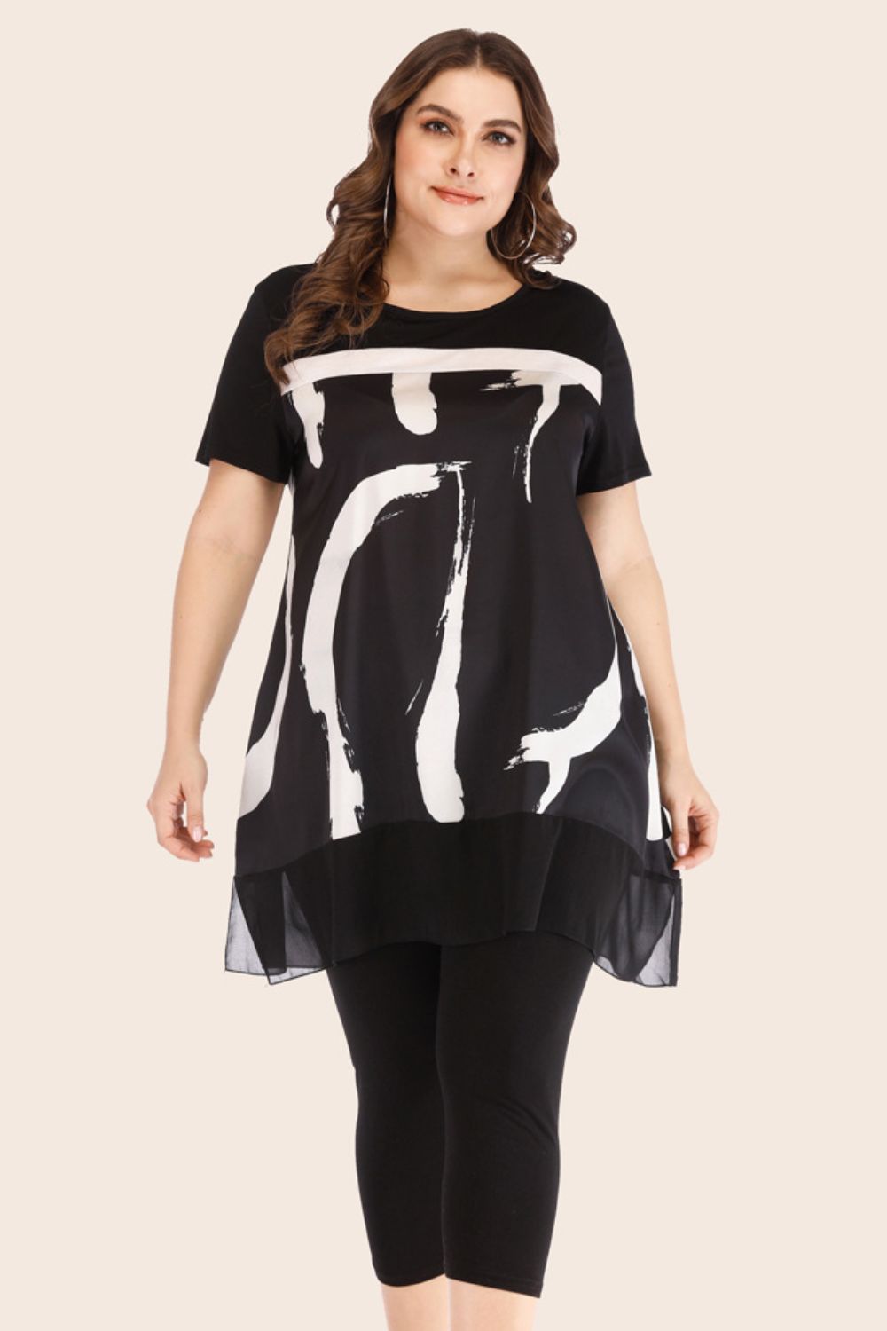 Plus Size Contrast Spliced Mesh T-Shirt and Cropped Leggings Set - Sizes XL-4XL Ti Amo I love you