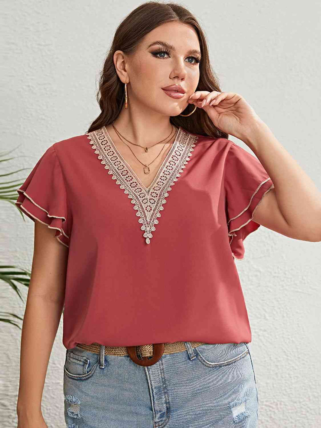 Plus Size Contrast V-Neck Layered Flutter Sleeve Blouse Ti Amo I love you