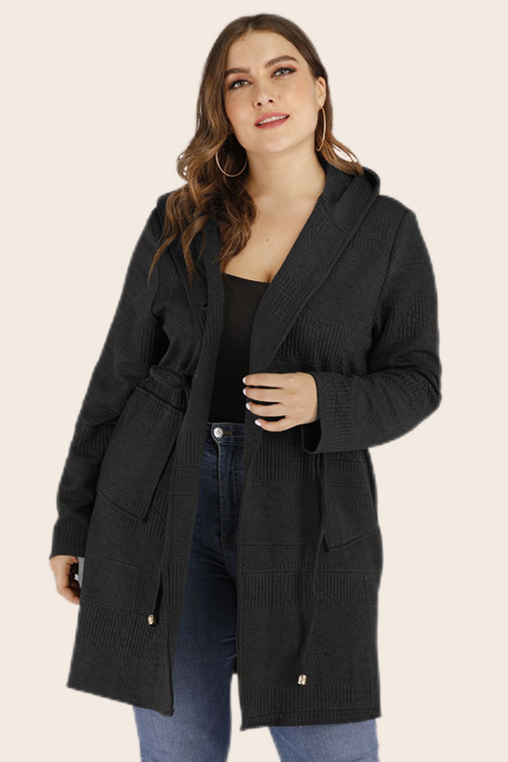 Plus Size Drawstring Waist Hooded Cardigan with Pockets Ti Amo I love you