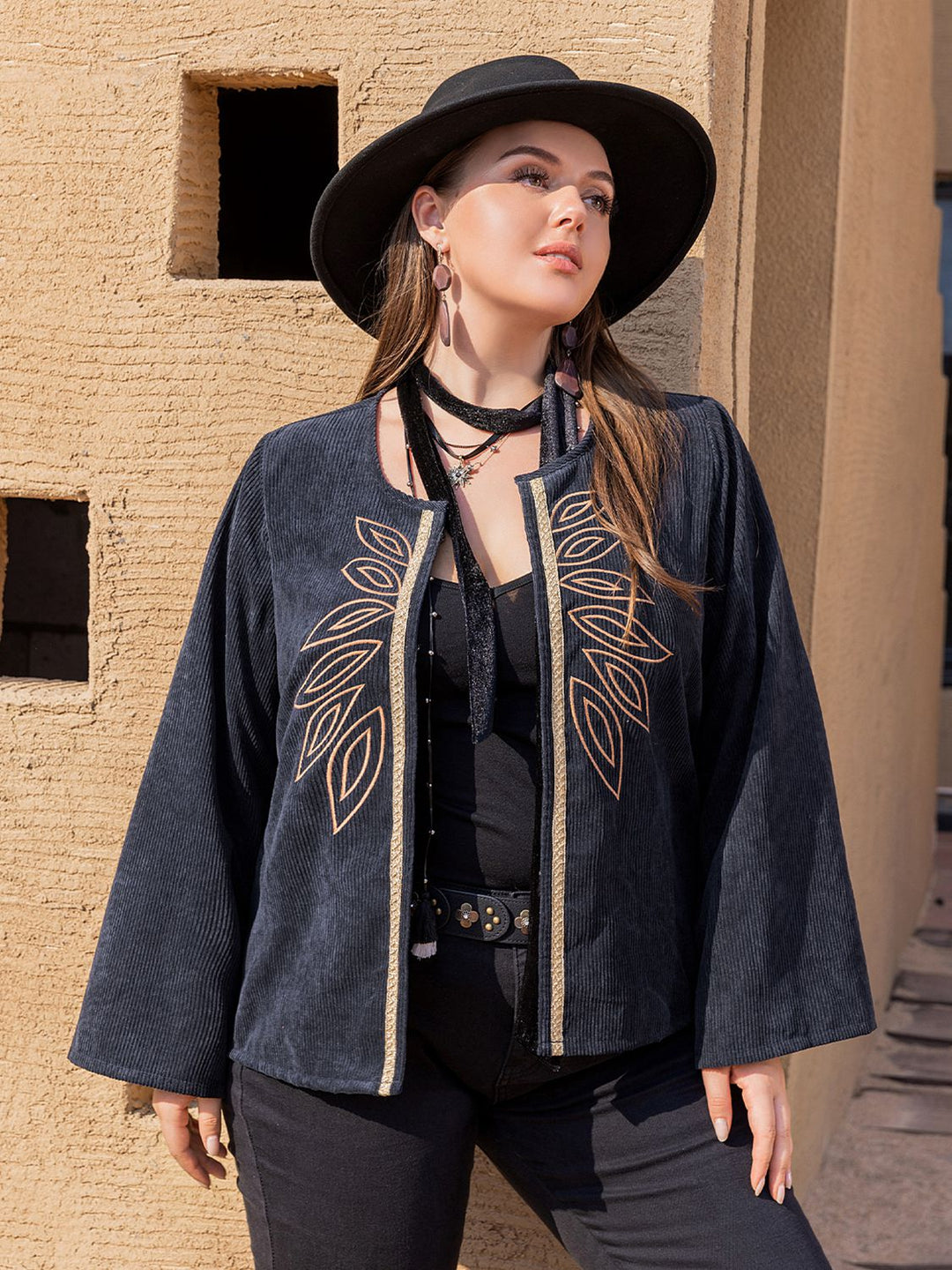 Plus Size Embroidered Open Front Jacket Ti Amo I love you